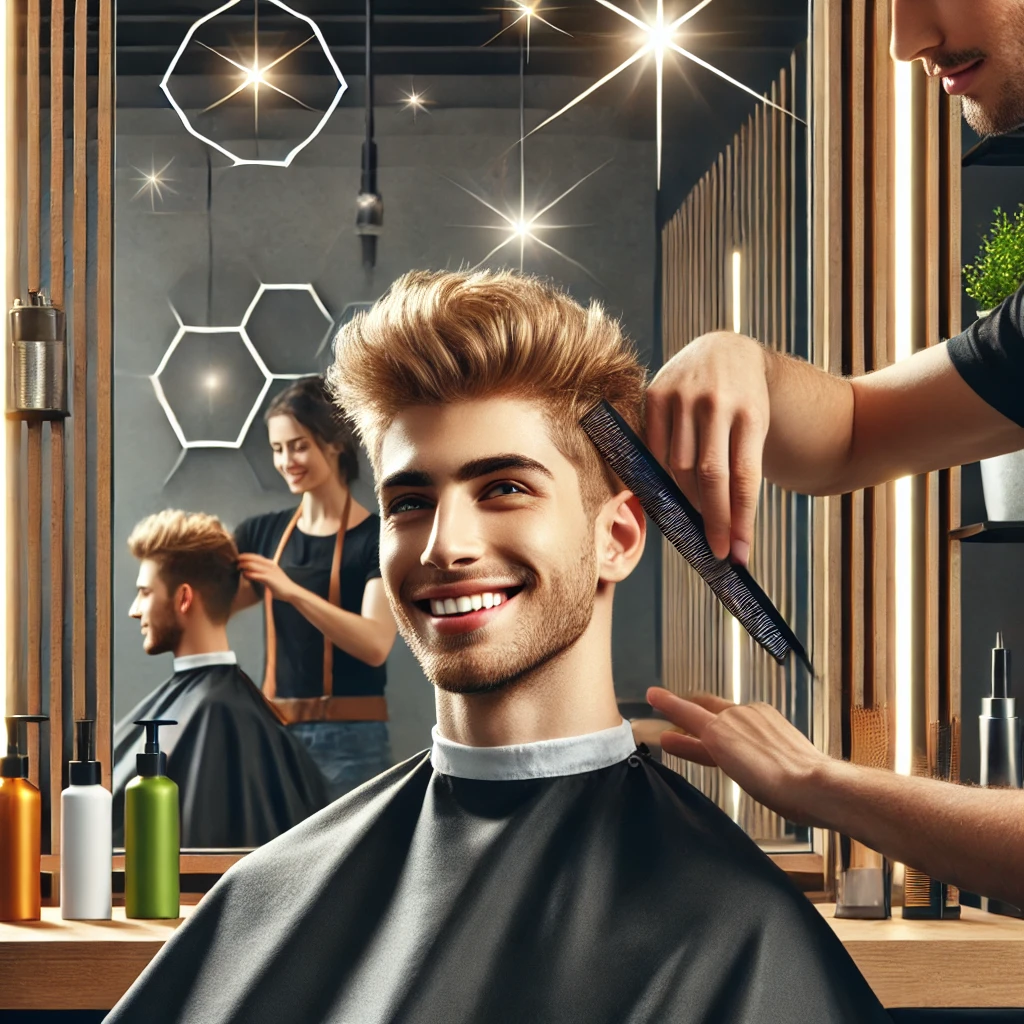 dall·e 2025 07 23 00.01.50 a modern hair salon interior with a person getting a stylish haircut, contemporary design, bright lighting, and professional tools around. the person
