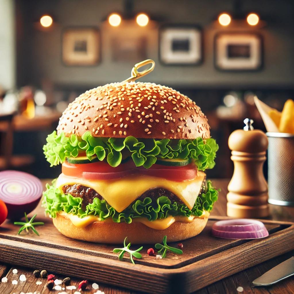dall·e 2025 07 23 00.01.53 a delicious gourmet burger on a wooden table, with melted cheese, fresh lettuce, tomato, onions, and a sesame seed bun. background includes a cozy res