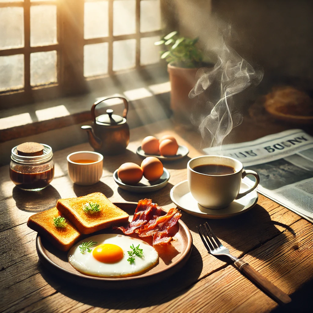 dall·e 2025 07 23 00.02.02 a cozy breakfast scene with a steaming cup of coffee next to a plate of eggs, toast, and bacon on a wooden kitchen table. morning sunlight streams thr
