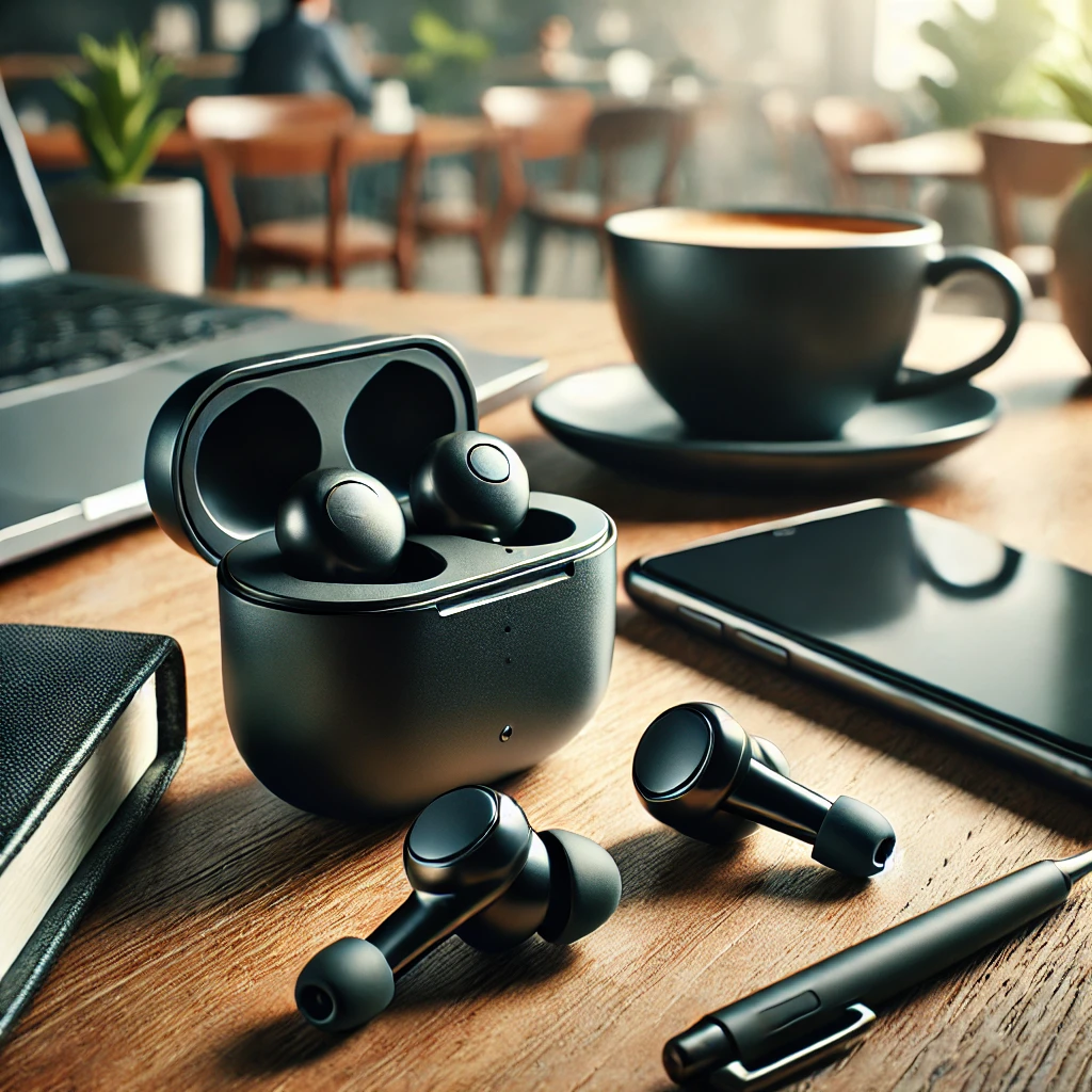 dall·e 2025 07 23 00.09.31 a close up image of sleek, modern noise canceling earbuds placed on a wooden desk next to a smartphone and a coffee cup. the earbuds are black with a
