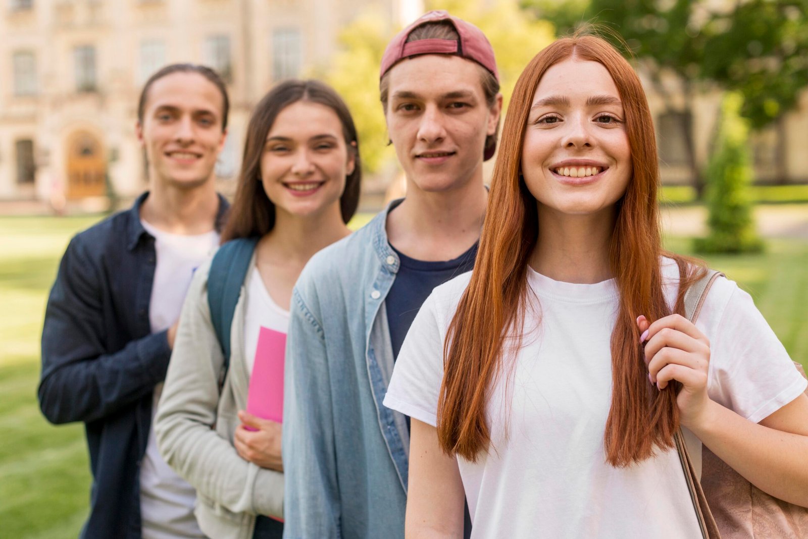 group teenagers happy be back university